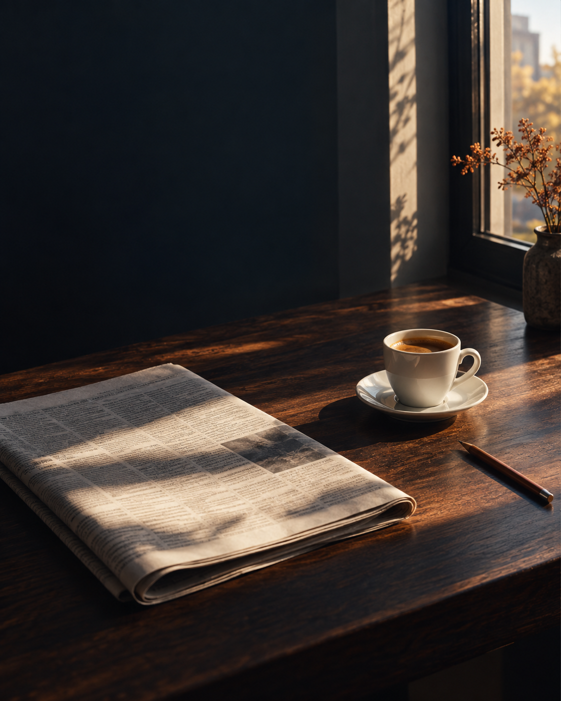 Morning light falling across a newspaper and coffee on a desk